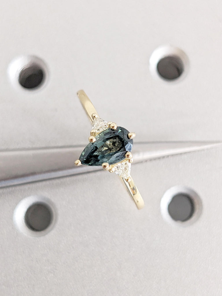 One-of-a-Kind Montana Sapphire Ring, 14k Yellow Gold Pear Shaped Engagement Ring, Three Stone Diamond and Blue Green Sapphire Birthstone image #2