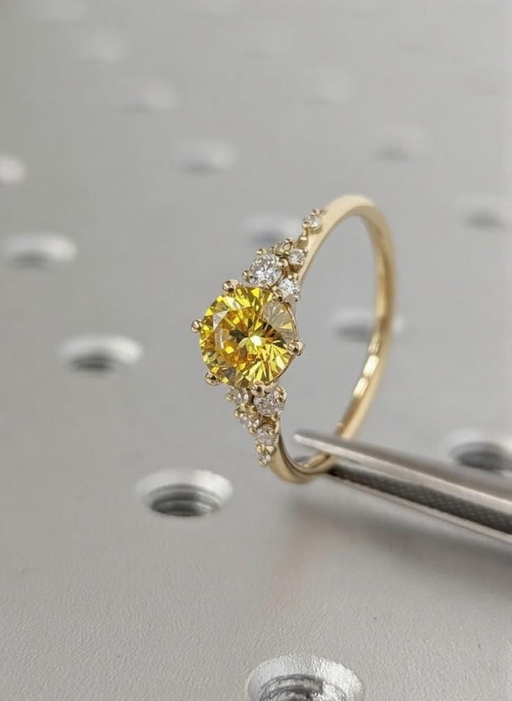 1-4ct Yellow Sapphire and Diamond Engagement Ring | Round Lab Sapphire Ring | Solid Gold Snowdrift Diamond Cluster Ring | Gemstone Ring
