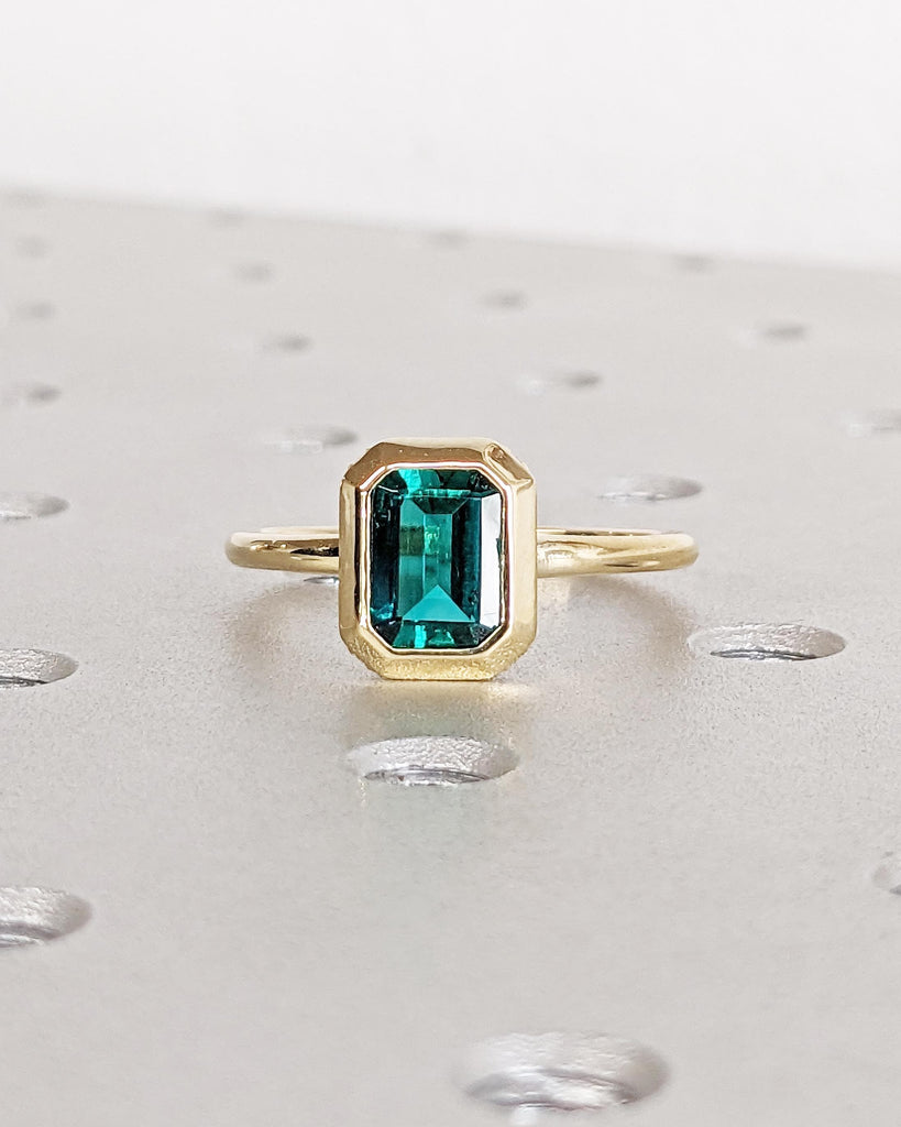 Bezel Set Emerald Engagement Ring, Emerald Cut Lab Emerald Solitaire, Diamond Hidden Halo Ring, 14K Gold Green Gemstone Ring, May Birthstone image #8