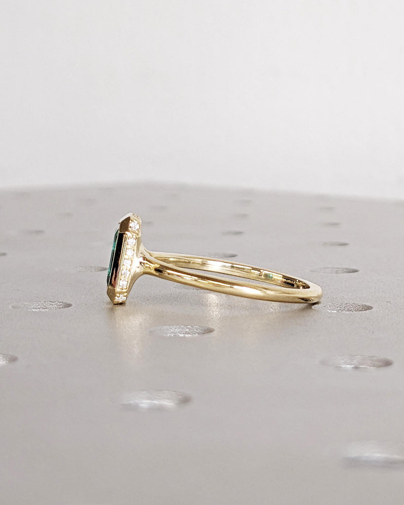 Bezel Set Emerald Engagement Ring, Emerald Cut Lab Emerald Solitaire, Diamond Hidden Halo Ring, 14K Gold Green Gemstone Ring, May Birthstone image #2