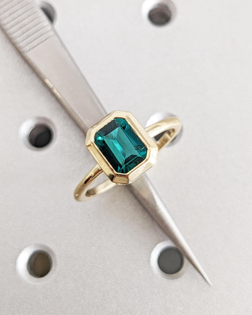 Bezel Set Emerald Engagement Ring, Emerald Cut Lab Emerald Solitaire, Diamond Hidden Halo Ring, 14K Gold Green Gemstone Ring, May Birthstone image #5