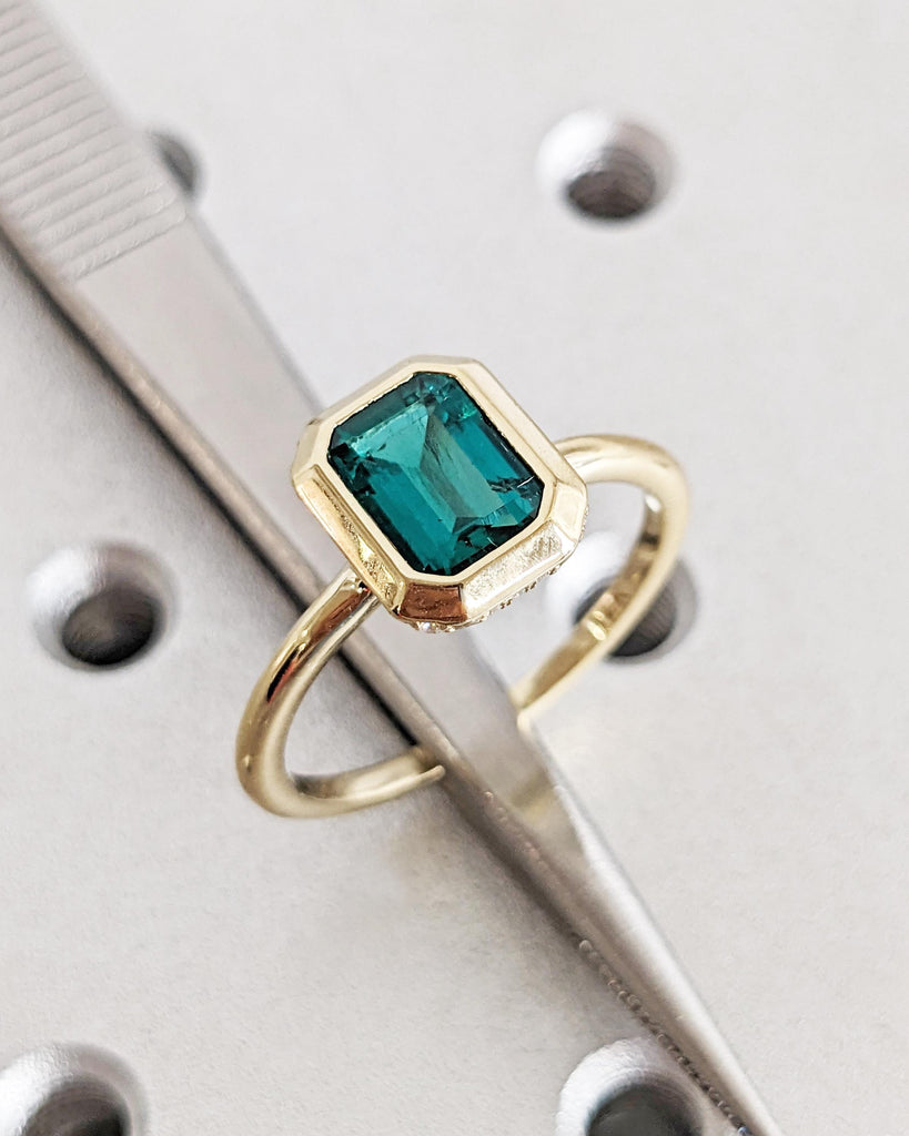 Bezel Set Emerald Engagement Ring, Emerald Cut Lab Emerald Solitaire, Diamond Hidden Halo Ring, 14K Gold Green Gemstone Ring, May Birthstone image #6