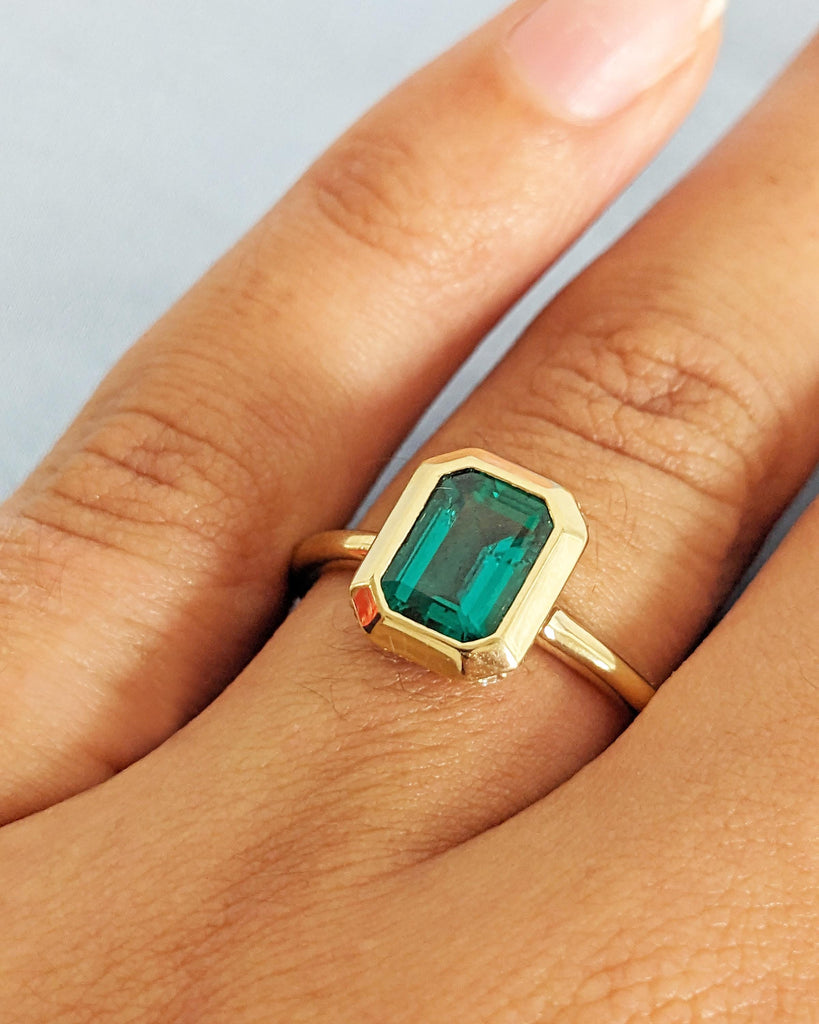 Bezel Set Emerald Engagement Ring, Emerald Cut Lab Emerald Solitaire, Diamond Hidden Halo Ring, 14K Gold Green Gemstone Ring, May Birthstone image #10