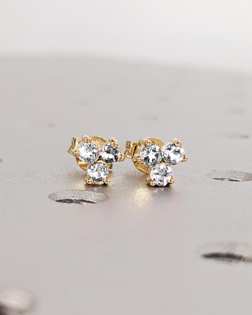 18K Solid Yellow Gold Diamond Earrings, White Diamond Cluster Stone Screw Back Stud Earrings, Bridal Jewelry Set, Anniversary Gift For Her