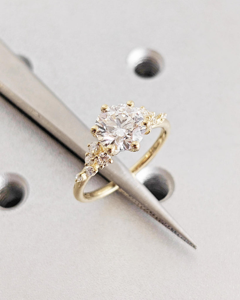 Round Moissanite Engagement Ring Set | 14K Dainty Moissanite Bridal Ring Set | Unique Snowdrift Moissanite Cluster Floral Rings Set for Her