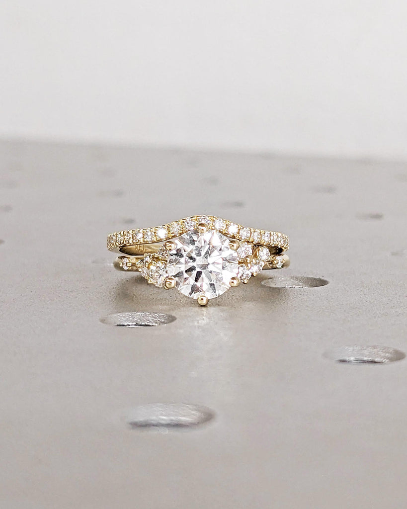 Round Lab Grown Diamond Engagement Ring Set | 14K Dainty Diamond Bridal Ring Set | Unique Snowdrift Diamond Cluster Floral Rings Set for Her