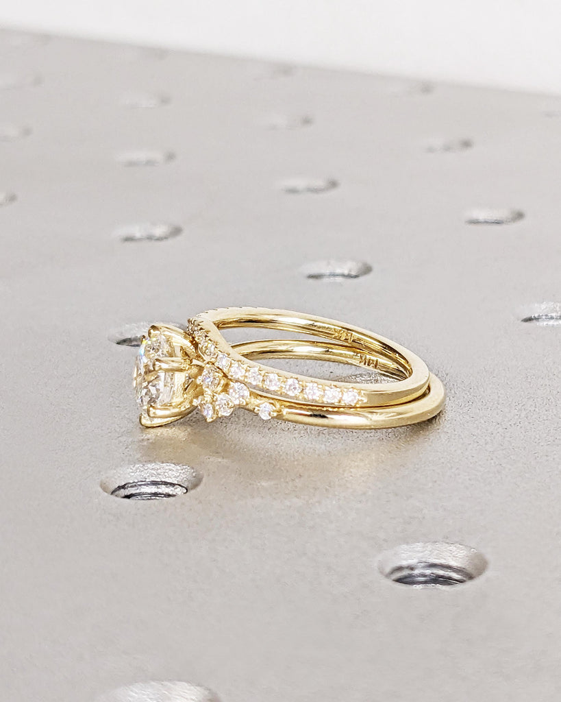 Round Lab Grown Diamond Engagement Ring Set | 14K Dainty Diamond Bridal Ring Set | Unique Snowdrift Diamond Cluster Floral Rings Set for Her