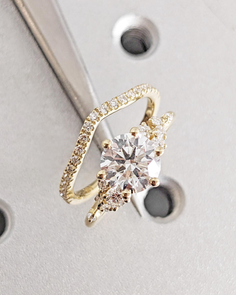 Round Lab Grown Diamond Engagement Ring Set | 14K Dainty Diamond Bridal Ring Set | Unique Snowdrift Diamond Cluster Floral Rings Set for Her