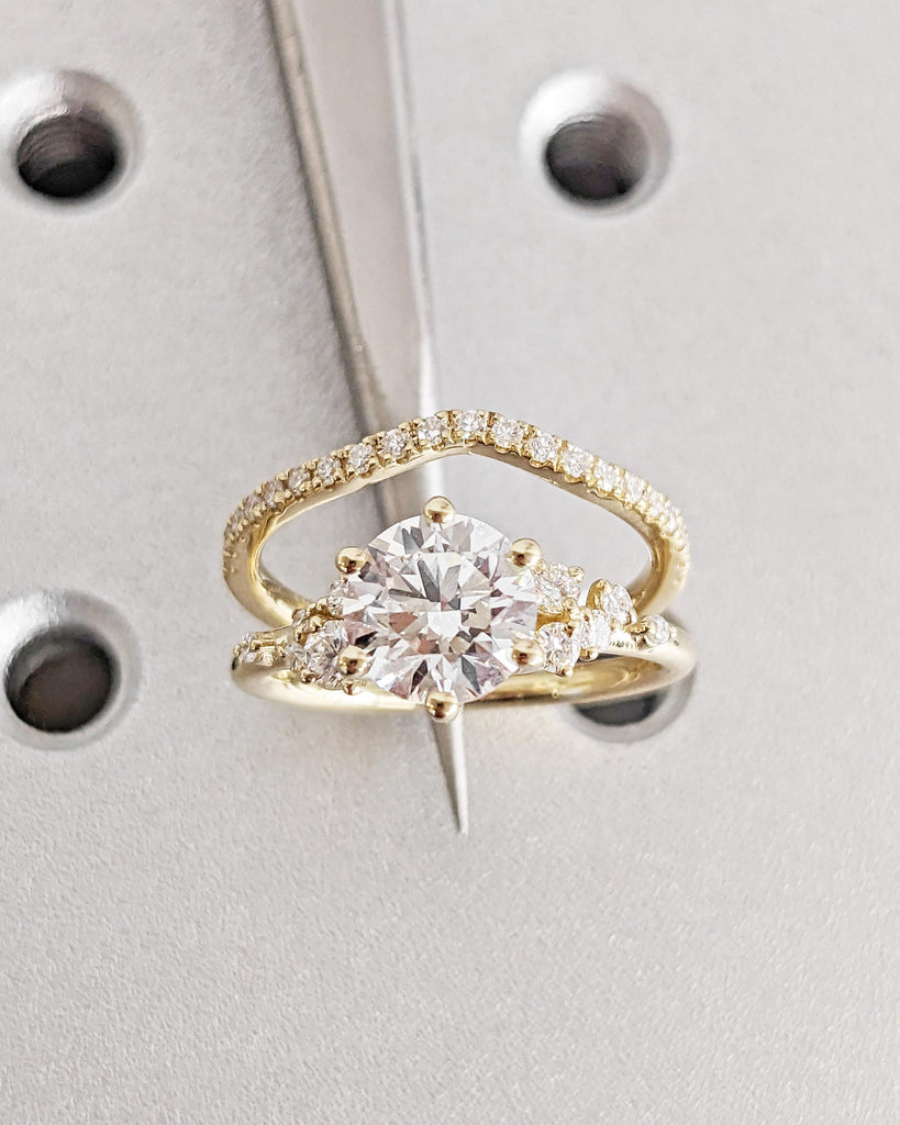 Round Lab Grown Diamond Engagement Ring Set | 14K Dainty Diamond Bridal Ring Set | Unique Snowdrift Diamond Cluster Floral Rings Set for Her