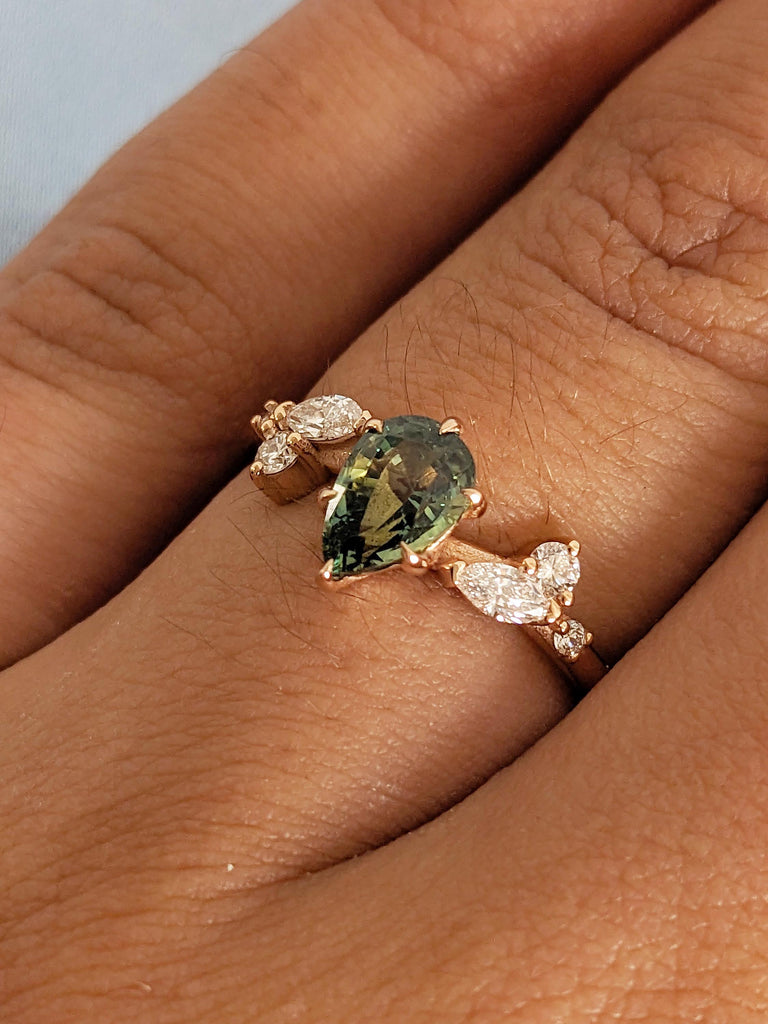 Teal Sapphire Engagement Ring, 18k Rose Gold Nature Inspired Ring, Pear Cut Green Blue Sapphire Ring, Art Deco Moissanite Floral Leaf Ring image #11