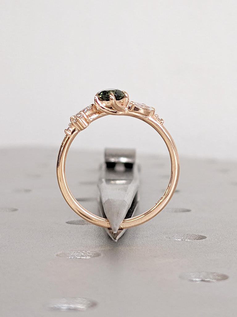 Teal Sapphire Engagement Ring, 18k Rose Gold Nature Inspired Ring, Pear Cut Green Blue Sapphire Ring, Art Deco Moissanite Floral Leaf Ring image #6