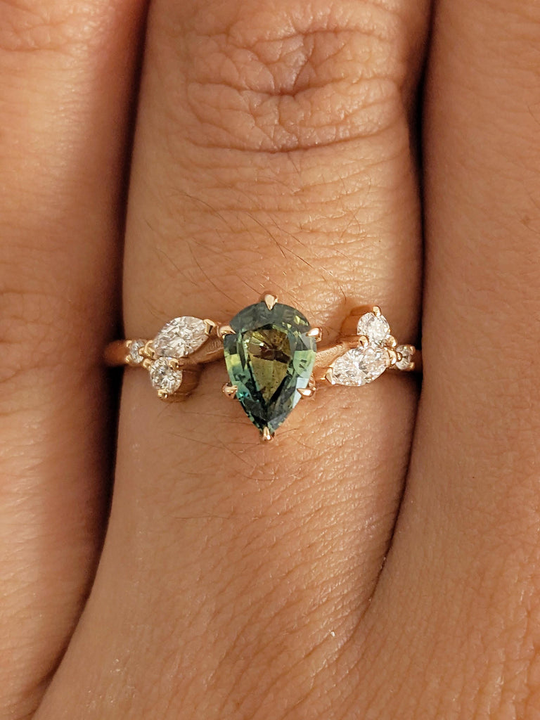 Teal Sapphire Engagement Ring, 18k Rose Gold Nature Inspired Ring, Pear Cut Green Blue Sapphire Ring, Art Deco Moissanite Floral Leaf Ring image #2