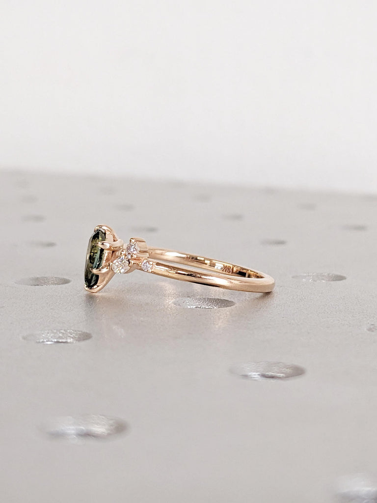 Teal Sapphire Engagement Ring, 18k Rose Gold Nature Inspired Ring, Pear Cut Green Blue Sapphire Ring, Art Deco Moissanite Floral Leaf Ring image #4
