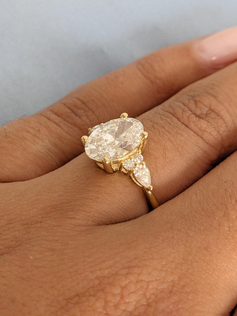 IGI Certified Lab Grown Diamond Ring, Vintage 18k Yellow Gold Oval Engagement Ring, Art Deco Pear and Round Diamond Cluster Wedding Ring image #8