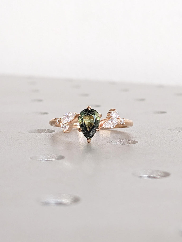 Teal Sapphire Engagement Ring, 18k Rose Gold Nature Inspired Ring, Pear Cut Green Blue Sapphire Ring, Art Deco Moissanite Floral Leaf Ring image #3