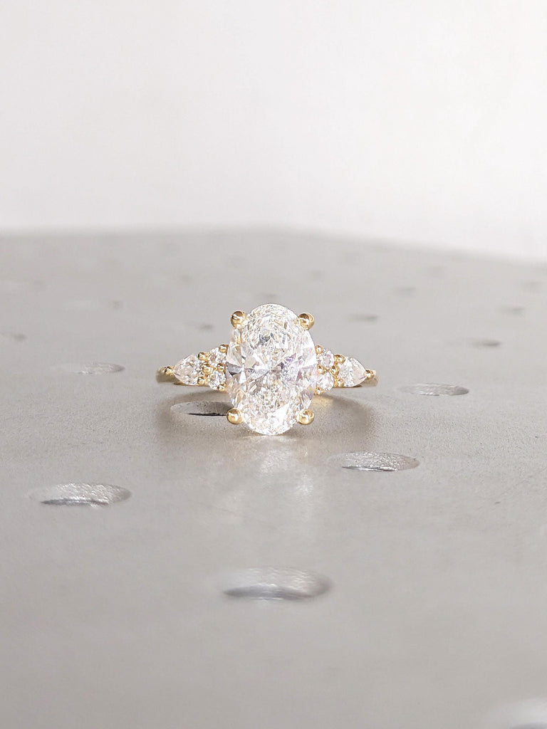 IGI Certified Lab Grown Diamond Ring, Vintage 18k Yellow Gold Oval Engagement Ring, Art Deco Pear and Round Diamond Cluster Wedding Ring image #3