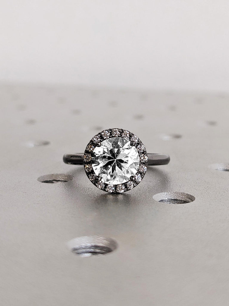 Black Gold Lab Grown Diamond Wedding Ring, Round Diamond Halo Engagement Band For Her