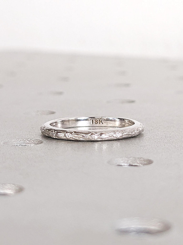 Vintage Floral Wedding Band: Dainty 18K White Gold Classic Engagement Ring, Stackable Unisex Jewelry