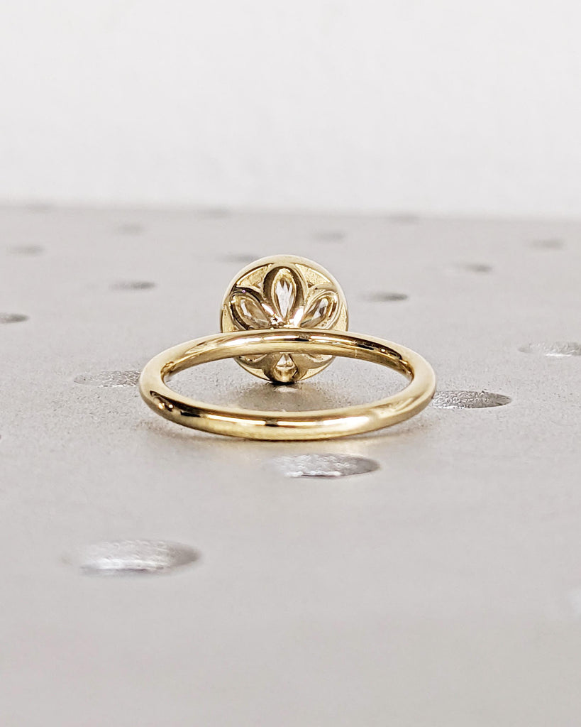 Vintage Tulip Setting Lab Diamond Engagement Ring / Antique Flower Promise Ring / Lotus Petal Prong Wedding Ring / 14K Solid Gold Bezel Ring