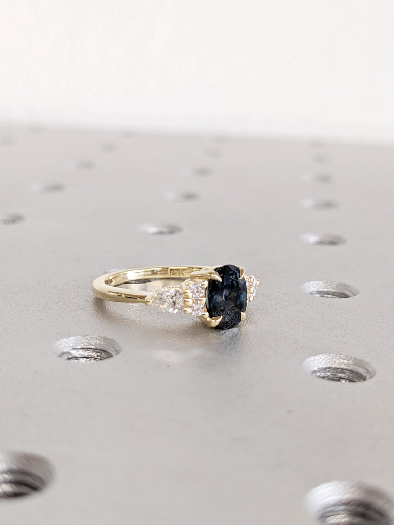 Oval Peacock Sapphire Ring, 14K/18K Yellow Gold Engagement Rings, Pear and Round Side Diamond Cluster Ring, Antique Sapphire Rings For Woman image #2