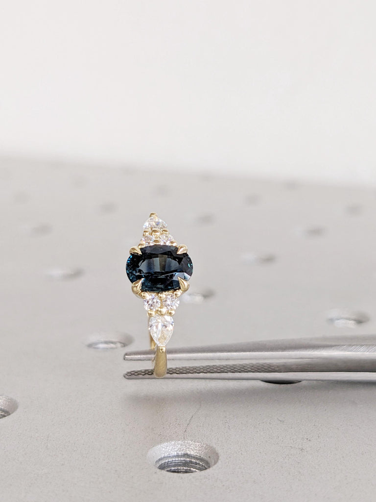 Oval Peacock Sapphire Ring, 14K/18K Yellow Gold Engagement Rings, Pear and Round Side Diamond Cluster Ring, Antique Sapphire Rings For Woman image #8