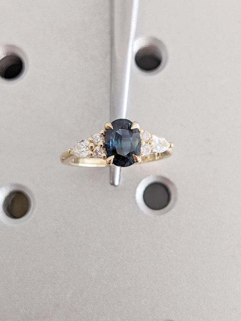 Oval Peacock Sapphire Ring, 14K/18K Yellow Gold Engagement Rings, Pear and Round Side Diamond Cluster Ring, Antique Sapphire Rings For Woman image #7