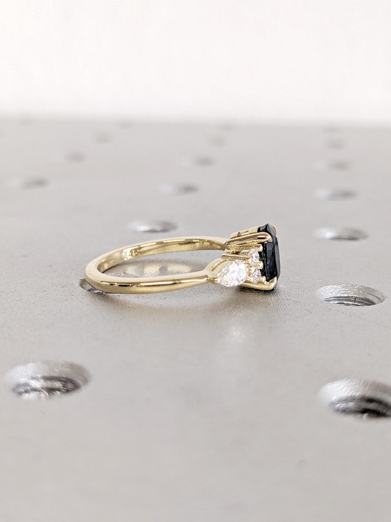 Peacock Sapphire Engagement Ring: Oval Cut, 14K/18K Yellow Gold, Side Diamond Cluster, Antique Sapphire Birthstone Jewelry image #5