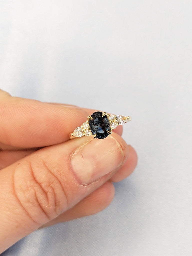 Oval Peacock Sapphire Ring, 14K/18K Yellow Gold Engagement Rings, Pear and Round Side Diamond Cluster Ring, Antique Sapphire Rings For Woman image #11