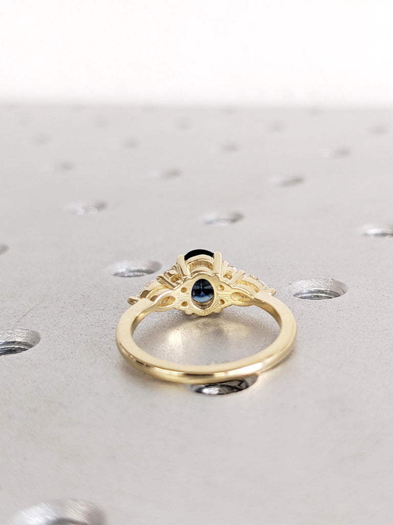 Oval Peacock Sapphire Ring, 14K/18K Yellow Gold Engagement Rings, Pear and Round Side Diamond Cluster Ring, Antique Sapphire Rings For Woman image #4