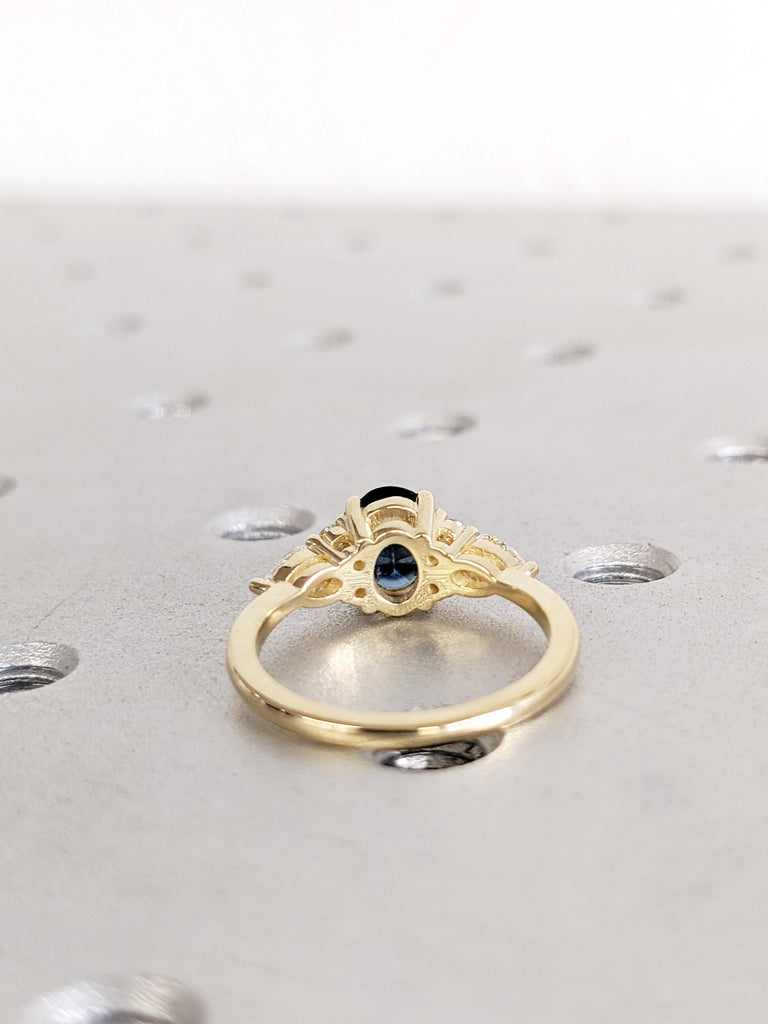 Peacock Sapphire Engagement Ring: Oval Cut, 14K/18K Yellow Gold, Side Diamond Cluster, Antique Sapphire Birthstone Jewelry image #6