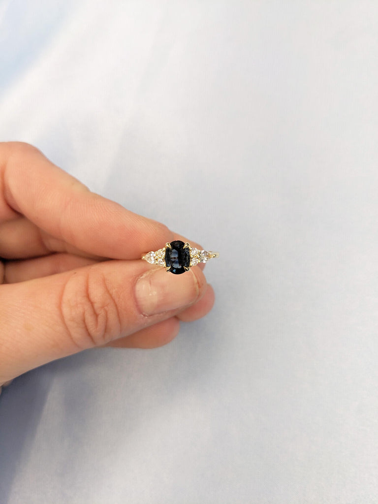Peacock Sapphire Engagement Ring: Oval Cut, 14K/18K Yellow Gold, Side Diamond Cluster, Antique Sapphire Birthstone Jewelry image #10