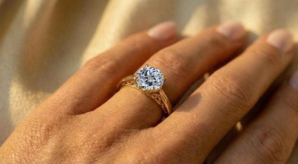 Round Aquamarine Engagement Ring, Filigree 14k Yellow Gold Solitaire Ring, Lab Grown Aquamarine Ring for Women, March Birthstone Jewelry image #5