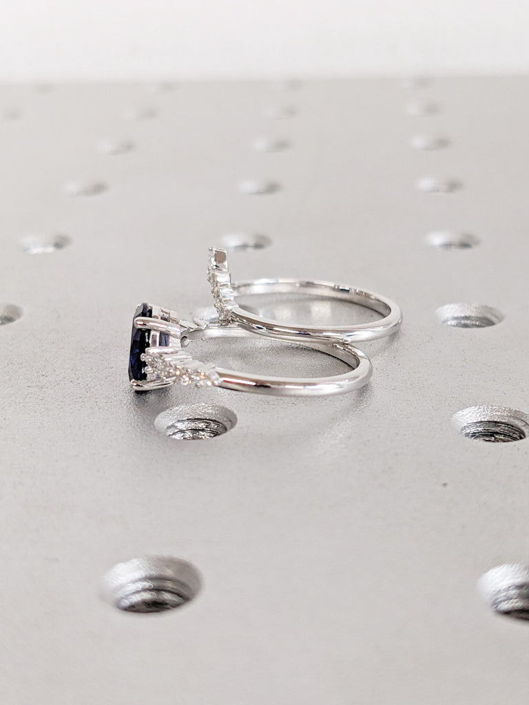 Sapphire Engagement Ring Set, 14K White Gold Bridal Set, Oval Cut Lab Sapphire Ring Set, Wedding Ring Set, Lab Diamond Matching Ring For Her image #5