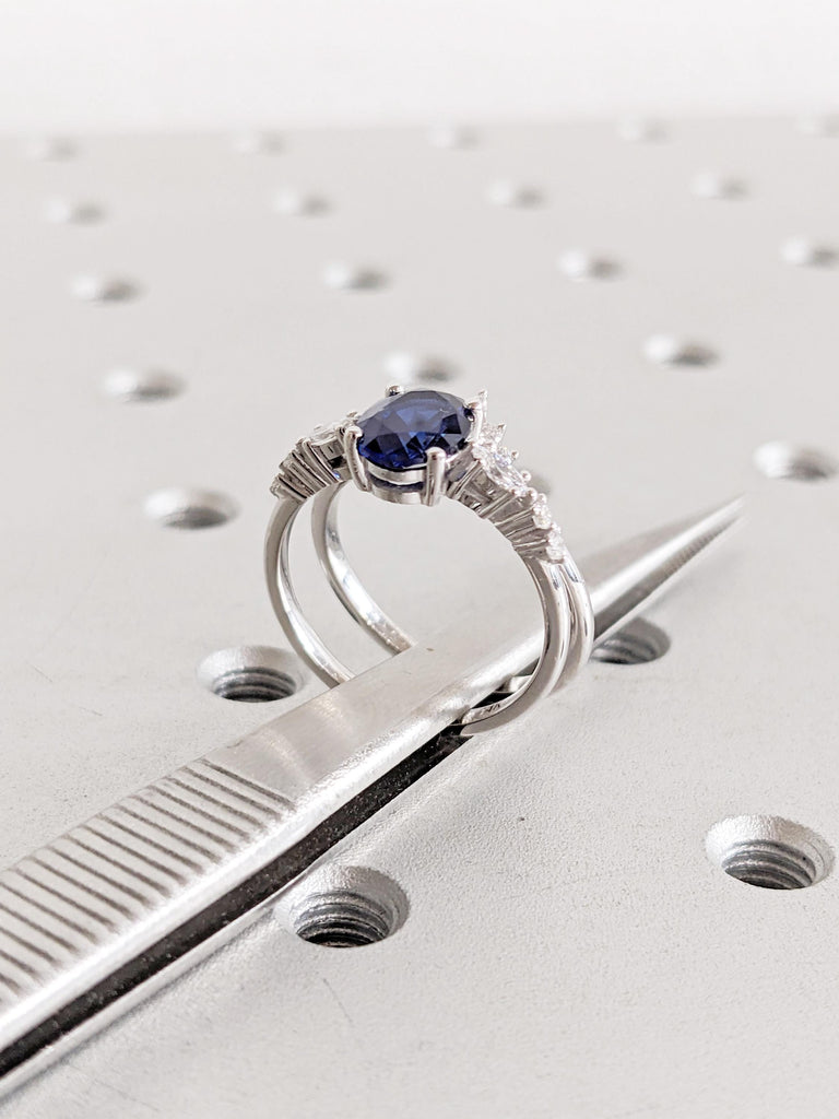 Sapphire Engagement Ring Set, 14K White Gold Bridal Set, Oval Cut Lab Sapphire Ring Set, Wedding Ring Set, Lab Diamond Matching Ring For Her image #6