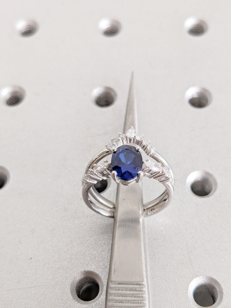Sapphire Engagement Ring Set, 14K White Gold Bridal Set, Oval Cut Lab Sapphire Ring Set, Wedding Ring Set, Lab Diamond Matching Ring For Her image #8