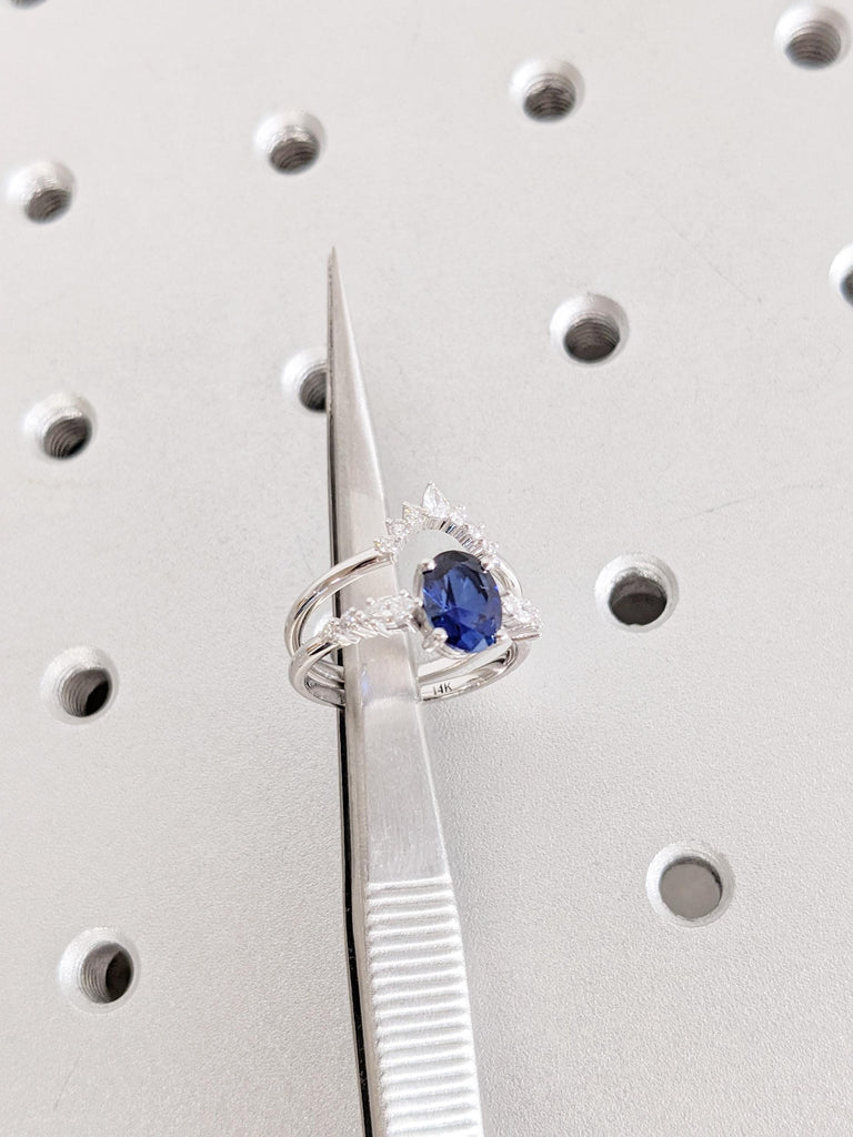 Sapphire Engagement Ring Set, 14K White Gold Bridal Set, Oval Cut Lab Sapphire Ring Set, Wedding Ring Set, Lab Diamond Matching Ring For Her image #10