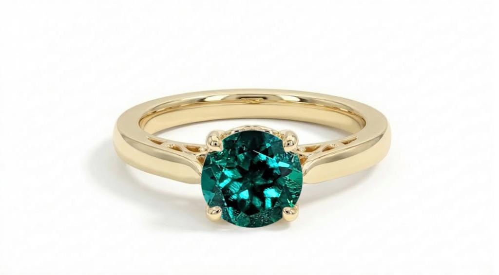 Vintage Emerald Engagement Ring, Minimalist 14k Solid Gold Filigree Ring for Her image #2