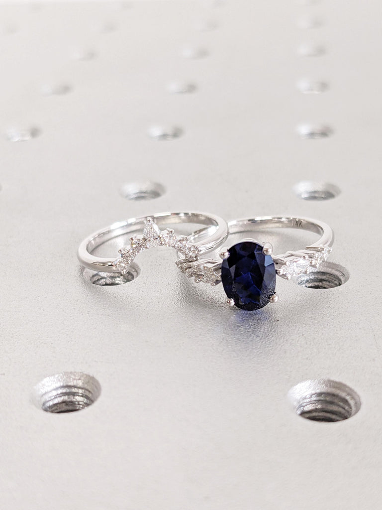 Sapphire Engagement Ring Set, 14K White Gold Bridal Set, Oval Cut Lab Sapphire Ring Set, Wedding Ring Set, Lab Diamond Matching Ring For Her