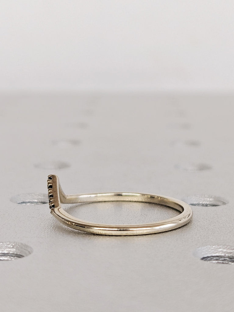 Dainty V Shaped Black Diamond Ring, 14K White Gold Diamond Chevron Matching Ring, Stackable Matching Engagement Ring, Curved Wedding Band