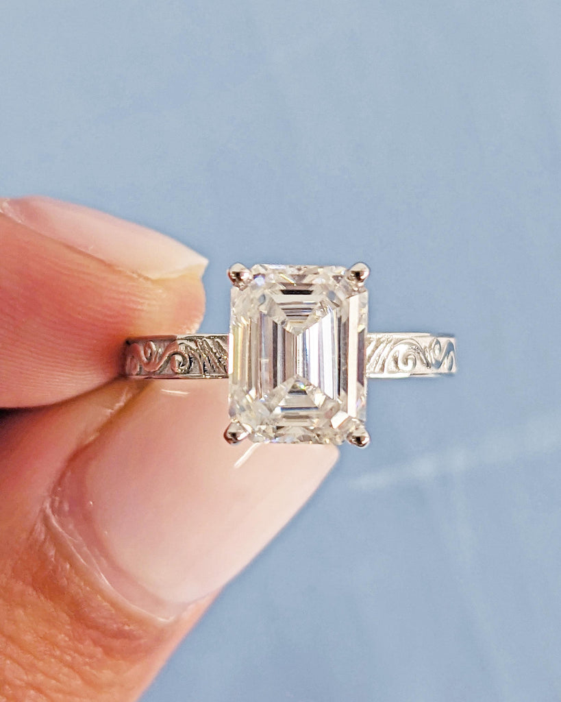 Moissanite Filigree Ring | Emerald Cut Moissanite Engagement Ring | Art Deco Engraved 14K Gold Flower Ring | Unique Vintage Anniversary Ring