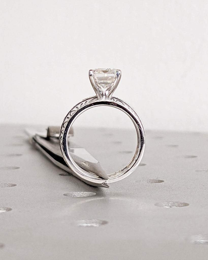 Emerald Cut Moissanite Solitaire Engagement Ring Set, Vintage 14K White Gold Art Deco Antique Band Wedding Ring Set, Unique Anniversary Gift