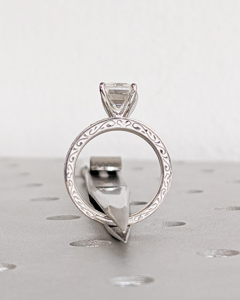 Emerald Cut Moissanite Solitaire Engagement Ring Set, Vintage 14K White Gold Art Deco Antique Band Wedding Ring Set, Unique Anniversary Gift