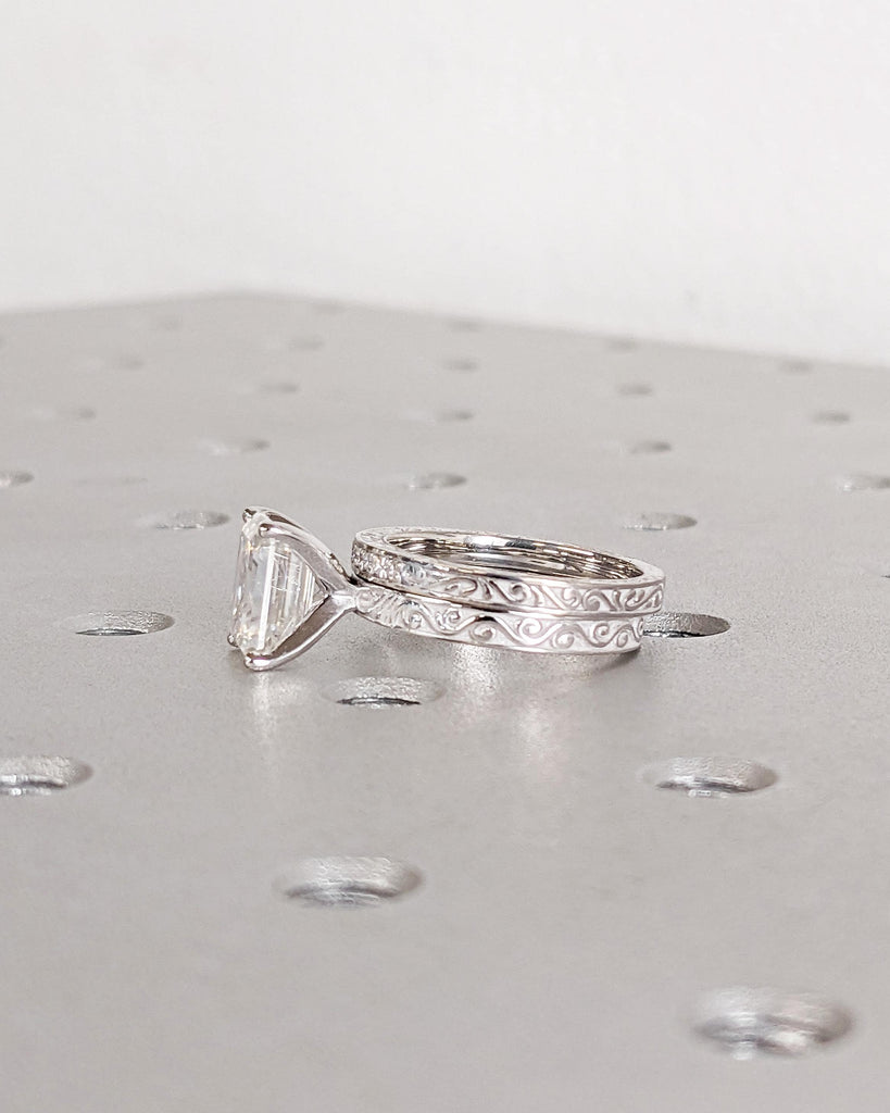 Emerald Cut Moissanite Solitaire Engagement Ring Set, Vintage 14K White Gold Art Deco Antique Band Wedding Ring Set, Unique Anniversary Gift