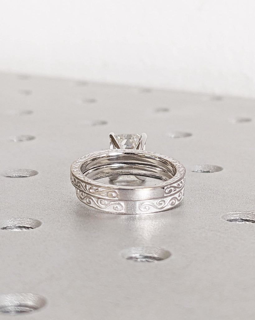 Emerald Cut Moissanite Solitaire Engagement Ring Set, Vintage 14K White Gold Art Deco Antique Band Wedding Ring Set, Unique Anniversary Gift