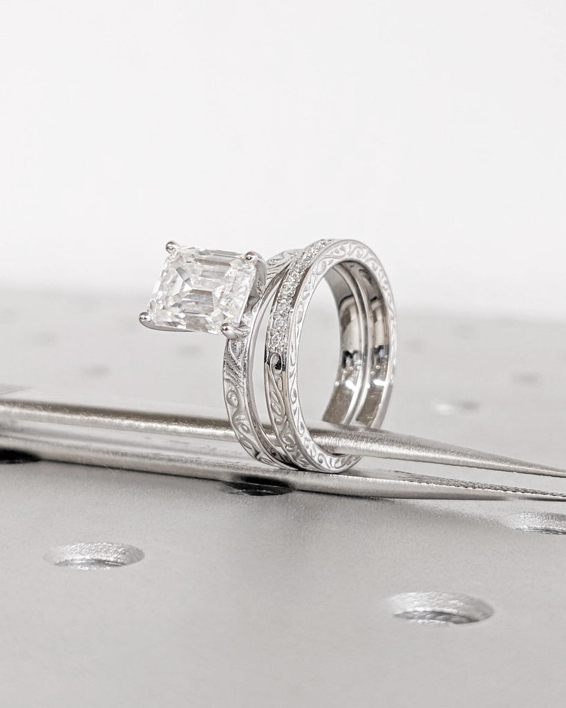 Emerald Cut Moissanite Solitaire Engagement Ring Set, Vintage 14K White Gold Art Deco Antique Band Wedding Ring Set, Unique Anniversary Gift