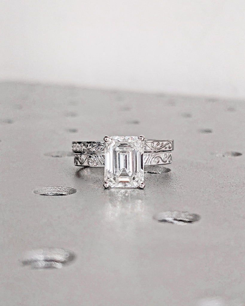 Emerald Cut Moissanite Solitaire Engagement Ring Set, Vintage 14K White Gold Art Deco Antique Band Wedding Ring Set, Unique Anniversary Gift