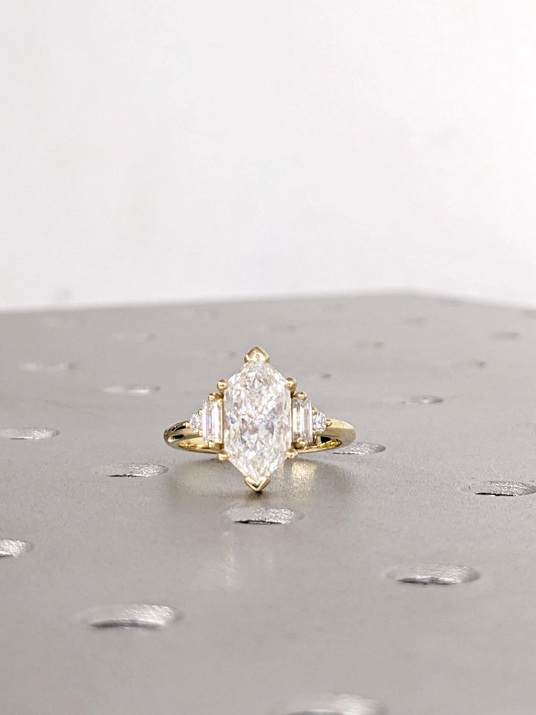 Lab Diamond Ring, Dutch Marquise Cut Diamond Engagement Ring, 14K Yellow Gold Statement Ring, Round Baguettes Side Moissanite Diamond Accent image #7