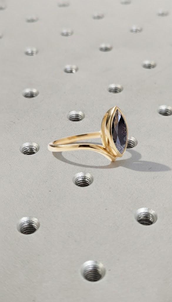 Marquise Engagement Ring, Solitaire V-Shaped Bezel Set Rings for Women, Vintage 14k Yellow Gold Salt and Pepper Diamond Anniversary Ring image #3