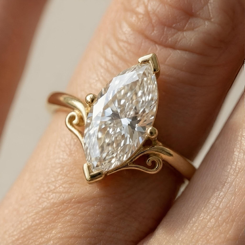 Certified Lab Grown Diamond Ring, Vintage Filigree Marquise Lab Diamond Engagement Ring, 14K Yellow Gold Wedding Rings For Her, Custom Rings