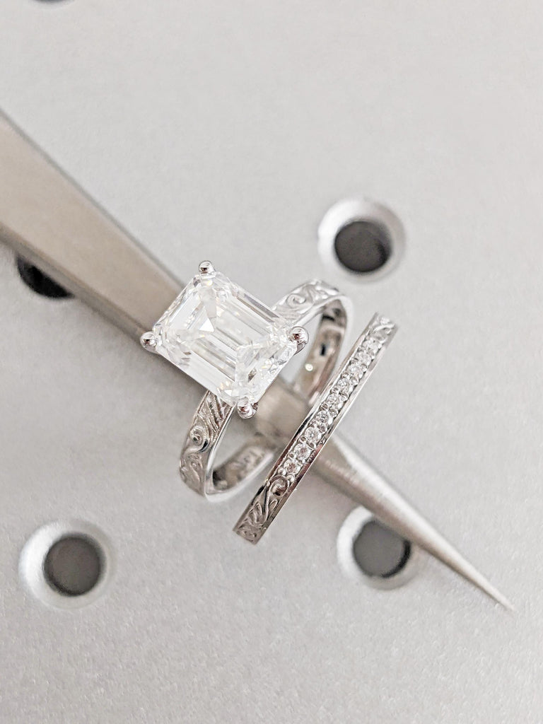 Emerald Cut Moissanite Solitaire Engagement Ring Set, Vintage 14K White Gold Art Deco Antique Band Wedding Ring Set, Unique Anniversary Gift
